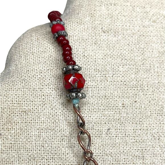 Vintage Chain and Beaded Necklace Silver Tone Red and Wooden Beads - Picture 8 of 9